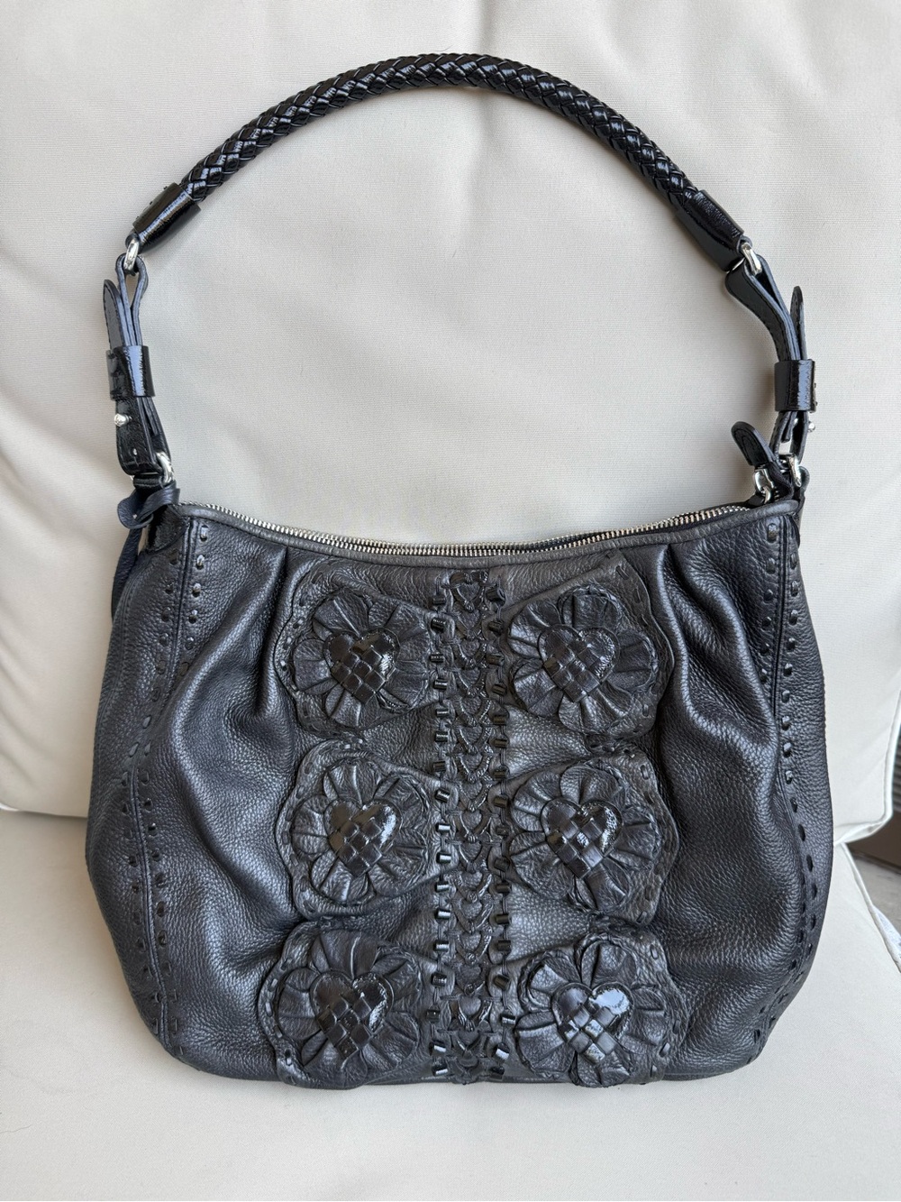 Brighton - Classic Mischa Floral Black Heart Leather Shoulder Bag - Authentic